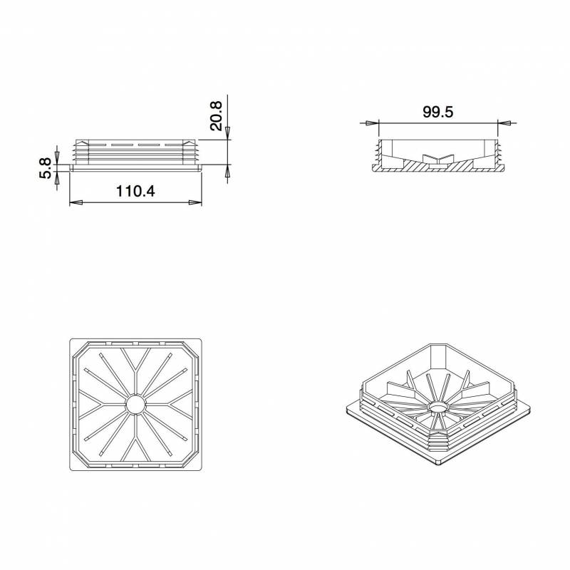 Square Plastic Standard Ribbed Insert for Tubes 110 x 110 mm WHITE - Square Insert White - square insert - ferrule insert