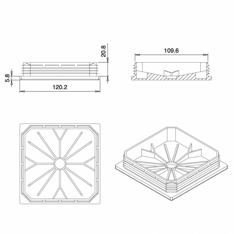 Square Plastic Standard Ribbed Insert for Tubes 120 x 120 mm WHITE - Square Insert White - square insert - ferrule insert