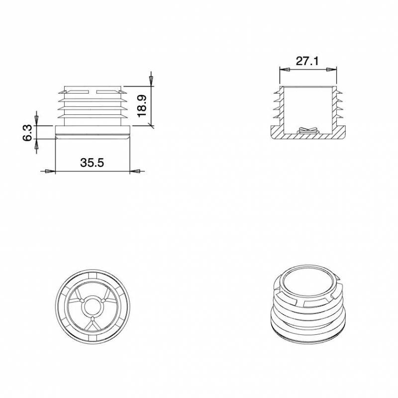 Embout Rond Plastique à Lamelles NOIR pour tube de diamètre EXTÉRIEUR 35 mm - embout rond noir - embout rond - embout