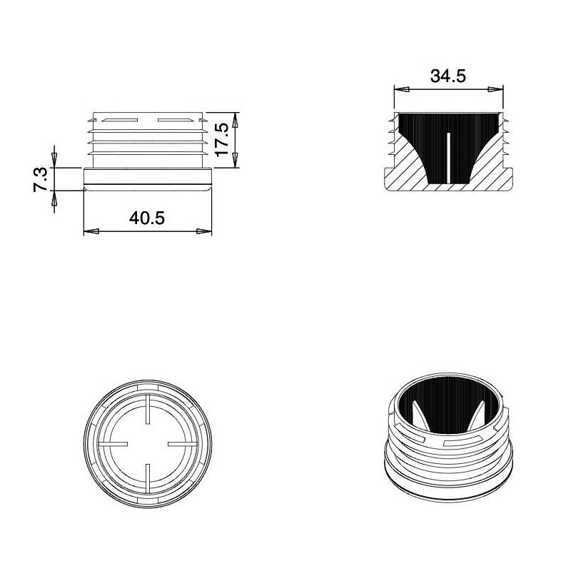Embout Rond Plastique à Lamelles NOIR pour tube de diamètre EXTÉRIEUR 40 mm - embout rond noir - embout rond - embout