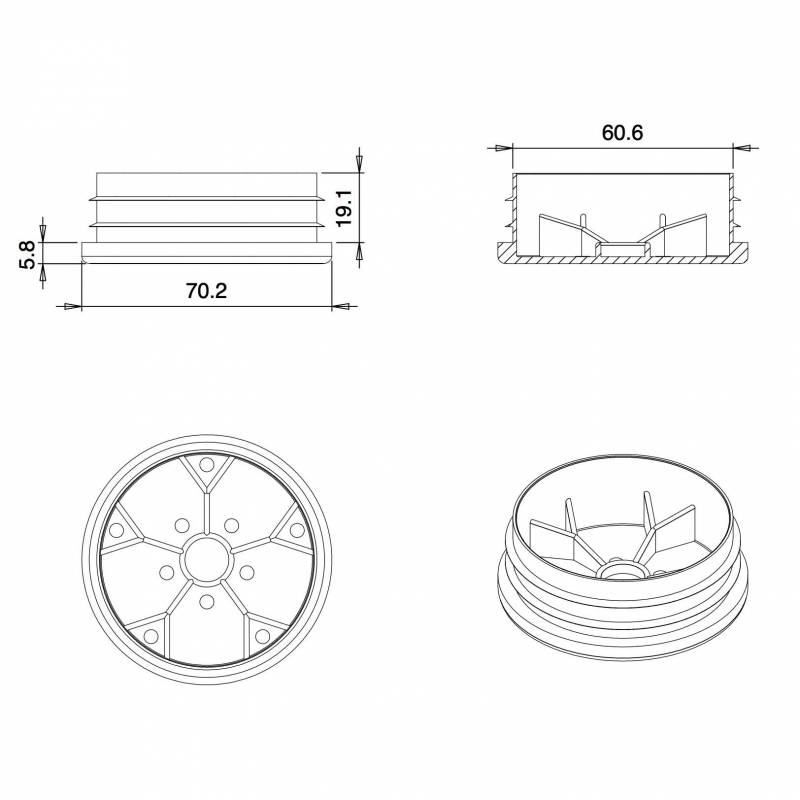 Embout Rond Plastique à Lamelles BLANC pour tube de diamètre EXTÉRIEUR 70 mm - embout rond blanc - embout rond - embout
