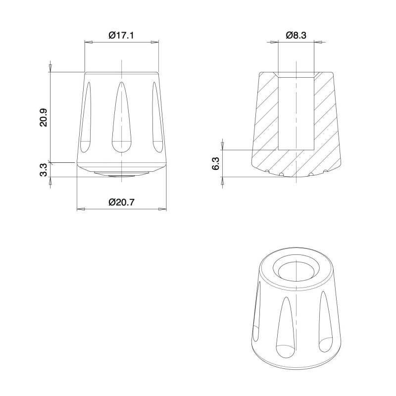 Heavy Duty Ferrule made from Vulcanized Rubber for 8 mm Diameter Furniture Tube/Feet BLACK - Round Rubber Black - round f