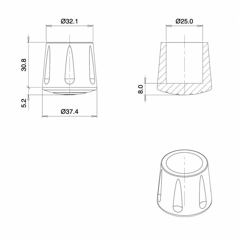 Heavy Duty Ferrule made from Vulcanized Rubber for 25 mm Diameter Furniture Tube/Feet BLACK - Round Rubber Black - round f