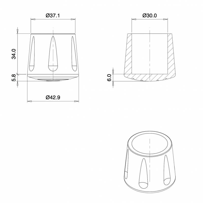 Heavy Duty Ferrule made from Vulcanized Rubber for 30 mm Diameter Furniture Tube/Feet BLACK - Round Rubber Black - round f