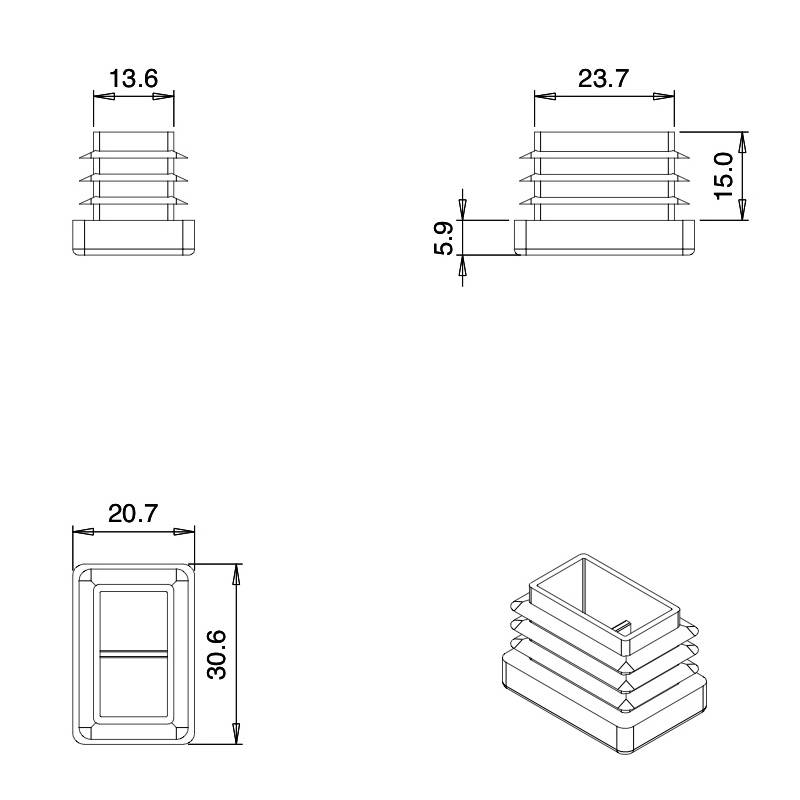 Inserto Rettangolare di Plastica a Lamelle NERO per tubi di dimensioni 30x20 mm con spessore 1,0-2,5 mm - Inserto Rettangolar