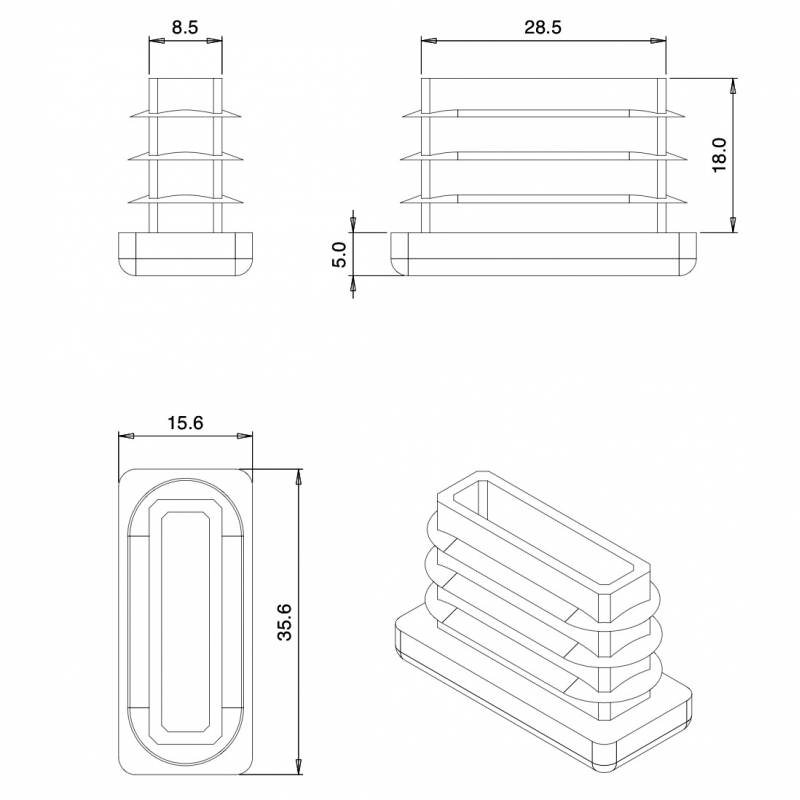Rectangular Plastic Insert for 35x15 mm Tube Dimension and 1.0-2.5 mm Thickness BLACK - Rectangle Insert Black - rectangul