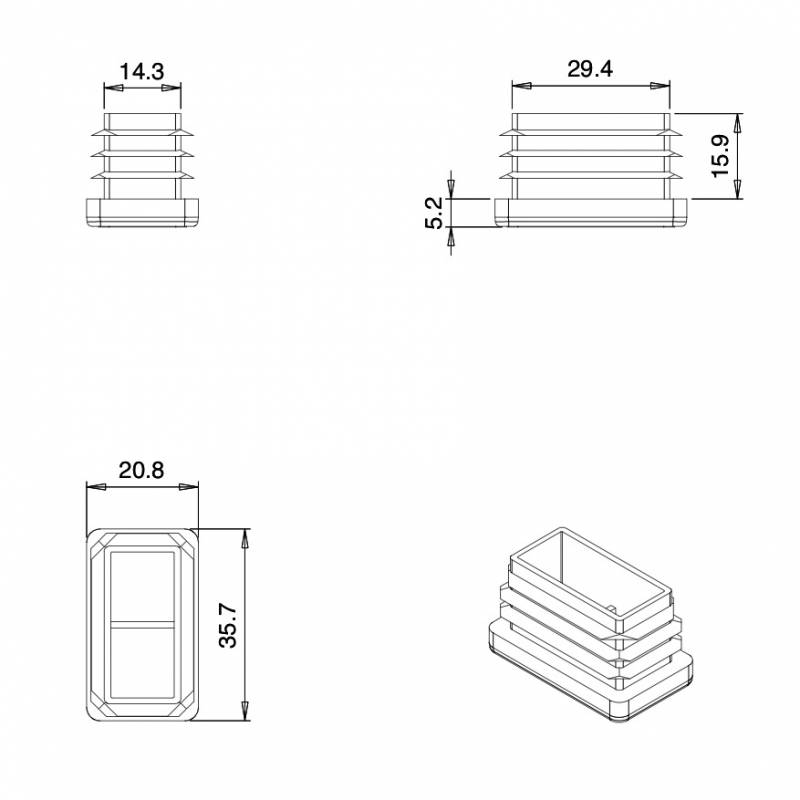 Inserto Rettangolare di Plastica a Lamelle NERO per tubi di dimensioni 35x20 mm con spessore 1,0-2,5 mm - Inserto Rettangolar
