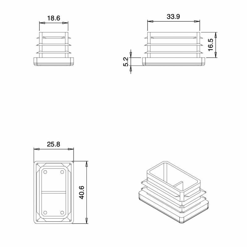 Rectangular Plastic Insert for 40x25 mm Tube Dimension and 1,0-3,0 mm Thickness BLACK - Rectangle Insert Black - rectangul