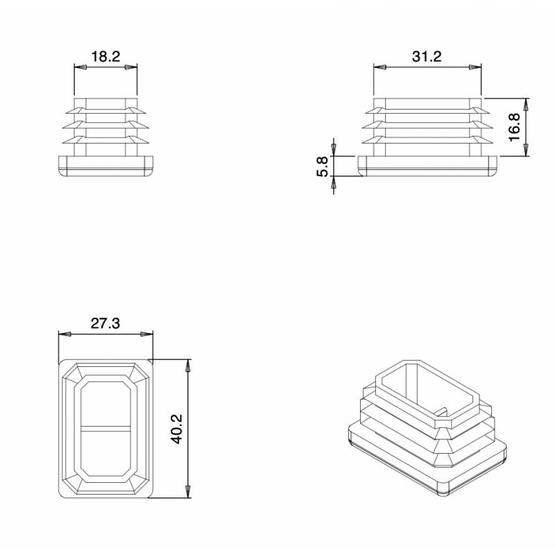 Inserto Rettangolare di Plastica a Lamelle NERO per tubi di dimensioni 40x27 mm con spessore 1,0-3,0 mm - Inserto Rettangolar