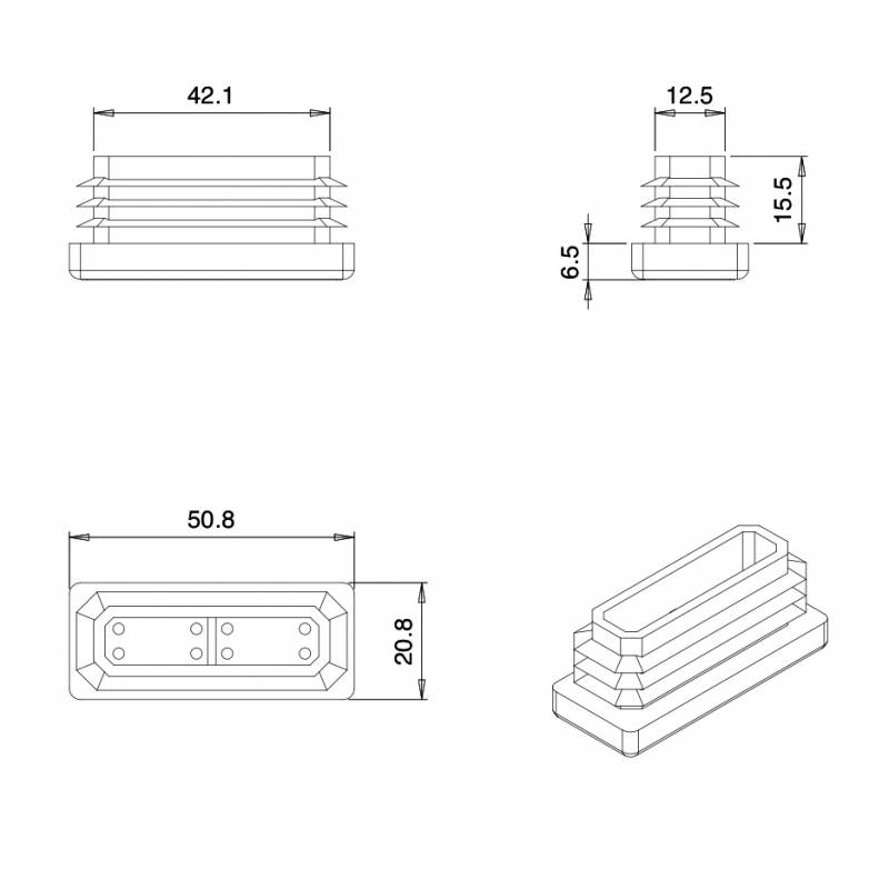 Rectangular Plastic Insert for 50x20 mm Tube Dimension and 1,0-3,0 mm Thickness BLACK - Rectangle Insert Black - rectangul