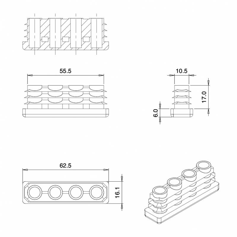 Rectangular Plastic Insert for 60x15 mm Tube Dimension and 1,0-3,0 mm Thickness BLACK - Rectangle Insert Black - rectangul