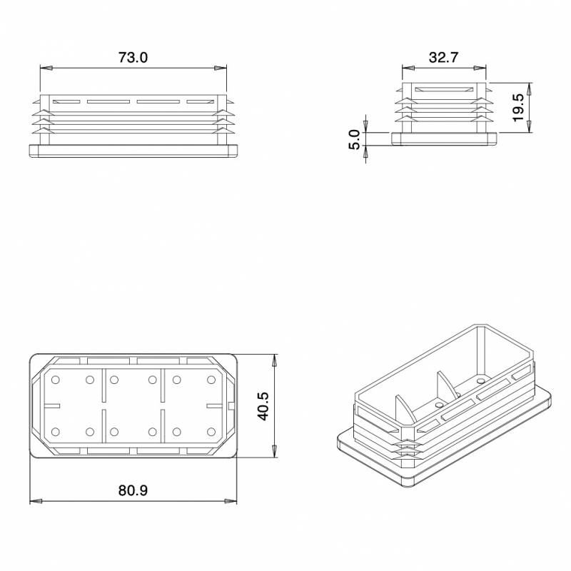 Rectangular Plastic Insert for 80x40 mm Tube Dimension and 1,0-3,0 mm Thickness BLACK - Rectangle Insert Black - rectangul