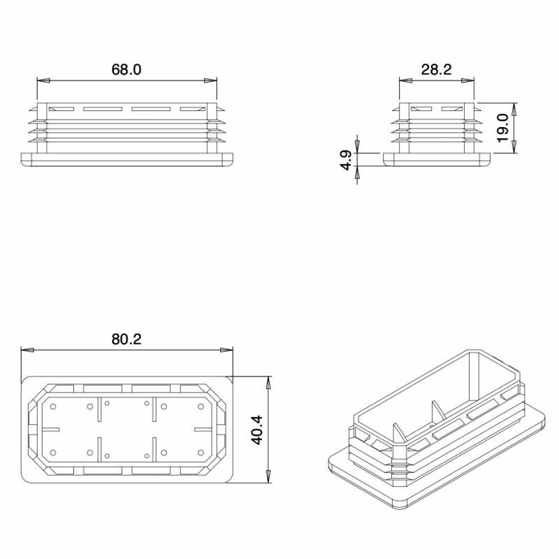 Rectangular Plastic Insert for 80x40 mm Tube Dimension and 3,0-5,0 mm ...
