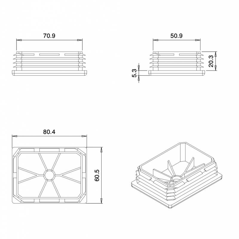 Inserto Rettangolare di Plastica a Lamelle NERO per tubi di dimensioni 80x60 mm con spessore 1,0-3,5 mm - Inserto Rettangolar