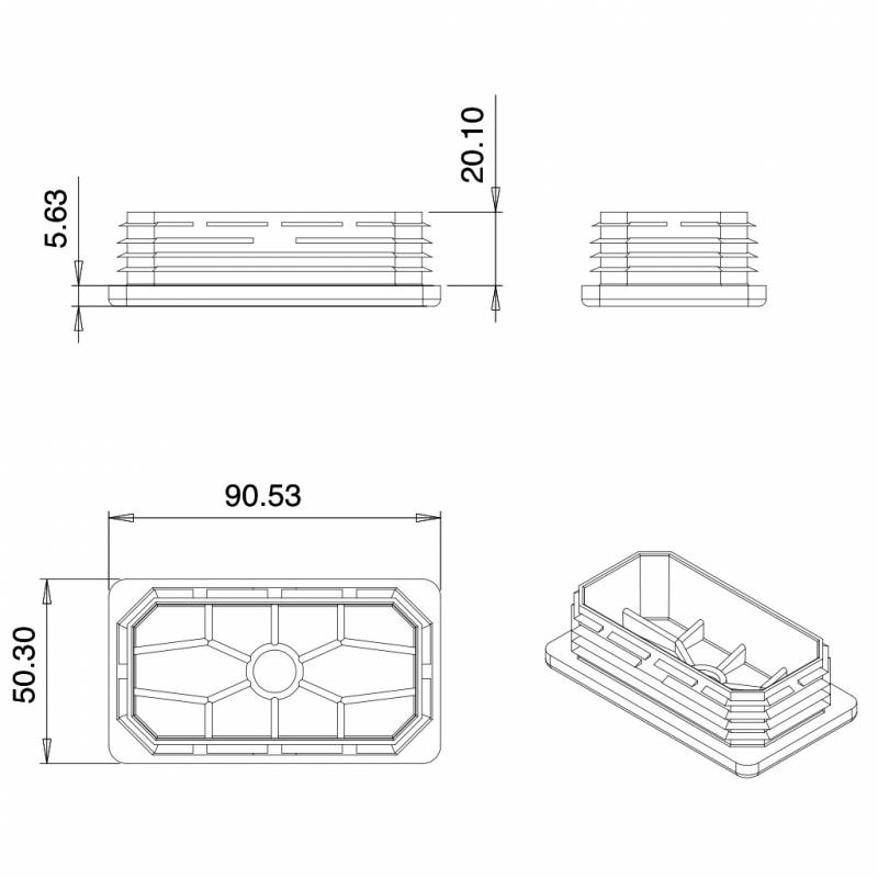 Rectangular Plastic Insert for 90x50 mm Tube Dimension and 2,1-4,0 mm Thickness BLACK - Rectangle Insert Black - rectangul