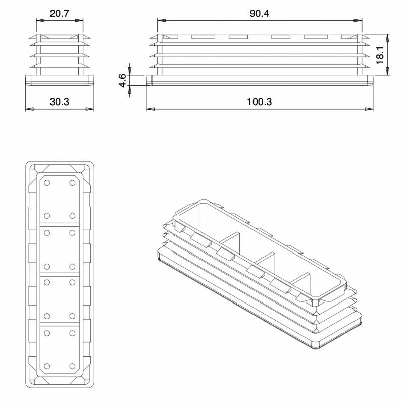 Kunststoff Lamellen-Stopfen für Rechteckrohre mit 100x30 mm Aussenmass und 1,0-4,0 mm Dicke - SCHWARZ - Rechteckstopfen Schwar
