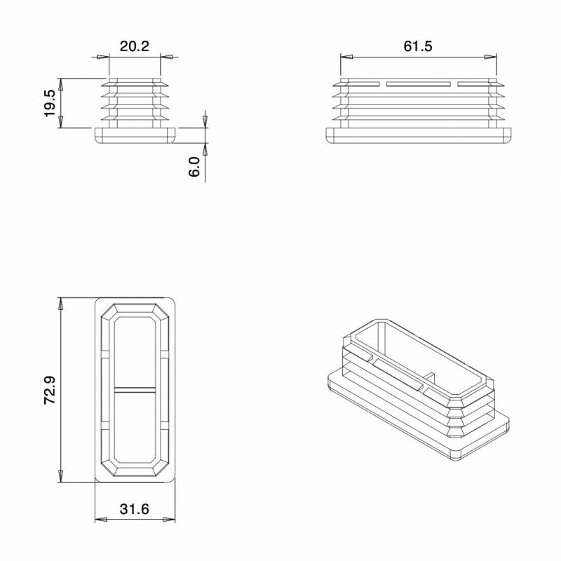 Kunststoff Lamellen-Stopfen für Rechteckrohre mit 70x30 mm Aussenmass und 2,5-4,0 mm Dicke - SCHWARZ - Rechteckstopfen Schwarz