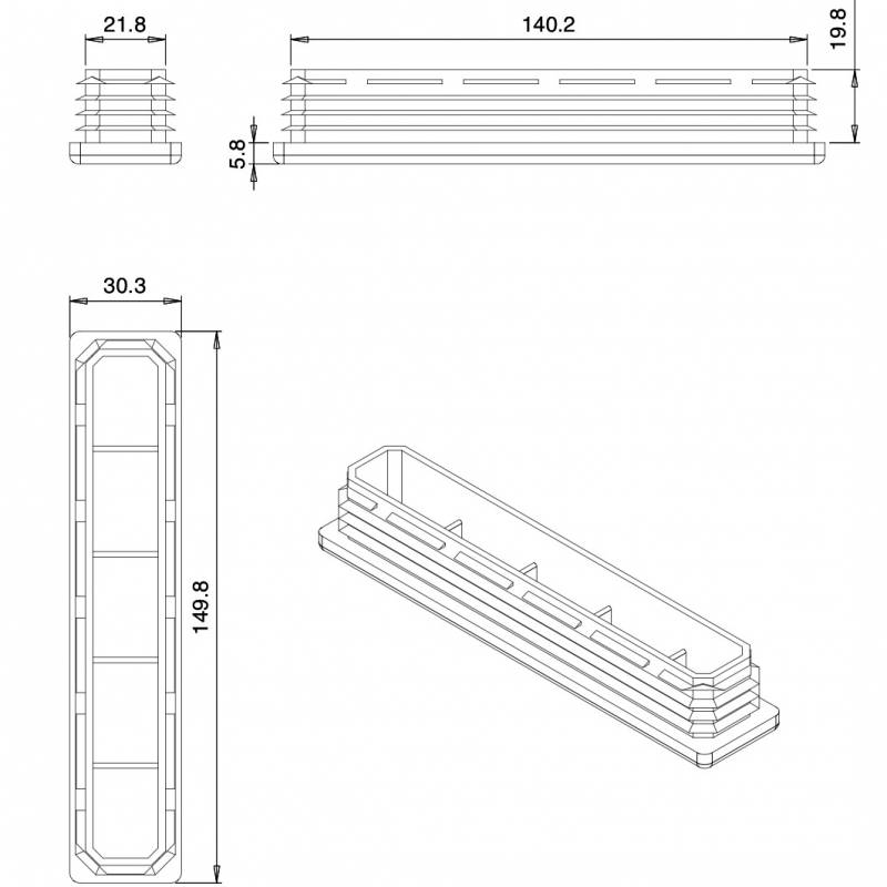 Kunststoff Lamellen-Stopfen für Rechteckrohre mit 150x30 mm Aussenmass und 1,5-3,0 mm Dicke - SCHWARZ - Rechteckstopfen Schwar