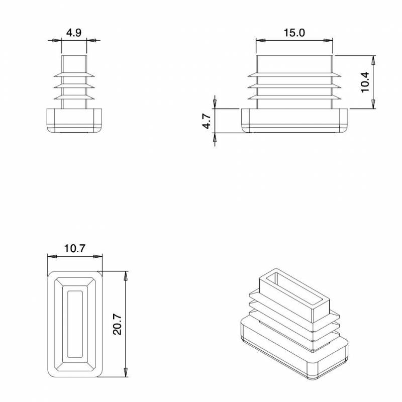Rectangular Plastic Insert for 20x10 mm Tube Dimension and 1.0-2.5 mm Thickness WHITE - Rectangle Insert White - rectangul