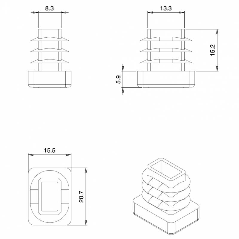 Inserto Rettangolare di Plastica a Lamelle BIANCO per tubi di dimensioni 20x15 mm con spessore 1,0-3,0 mm - Inserto Rettangol