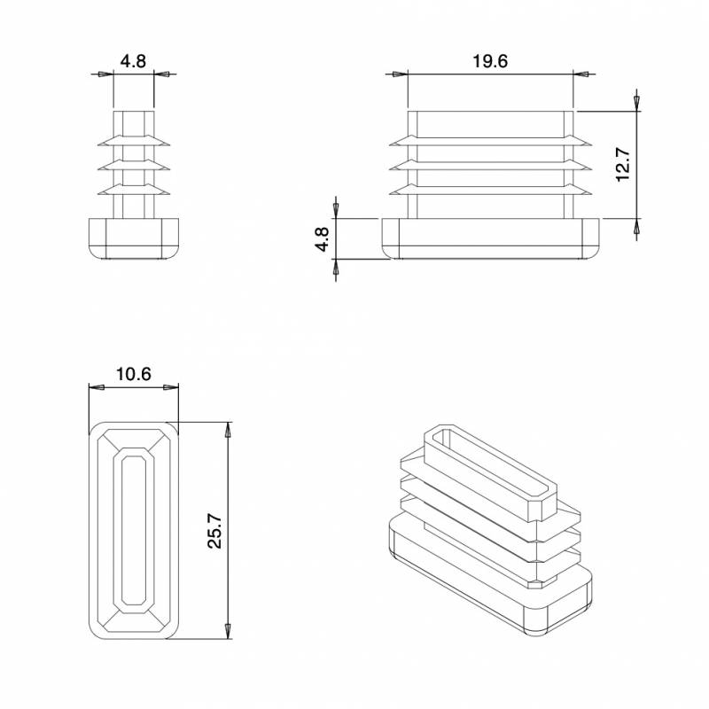 Rectangular Plastic Insert for 25x10 mm Tube Dimension and 1.0-2.5 mm Thickness WHITE - Rectangle Insert White - rectangul