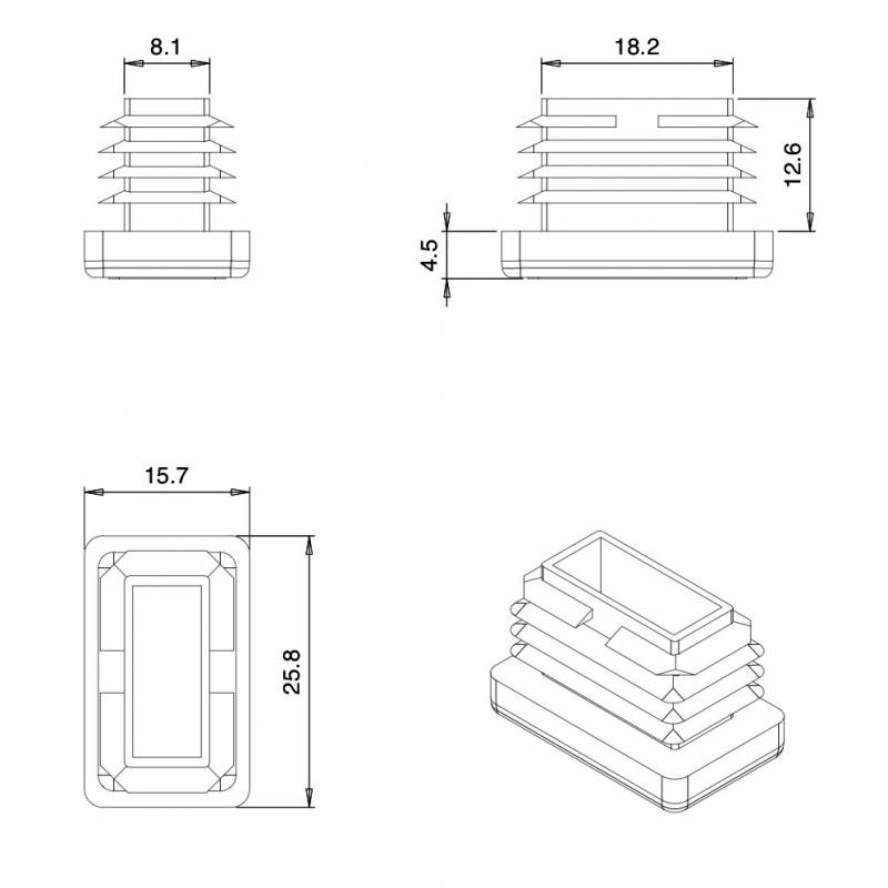 Inserto Rettangolare di Plastica a Lamelle BIANCO per tubi di dimensioni 25x15 mm con spessore 1,0-2,5 mm - Inserto Rettangol