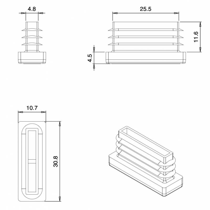 Rectangular Plastic Insert for 30x10 mm Tube Dimension and 1.0-2.5 mm Thickness WHITE - Rectangle Insert White - rectangul