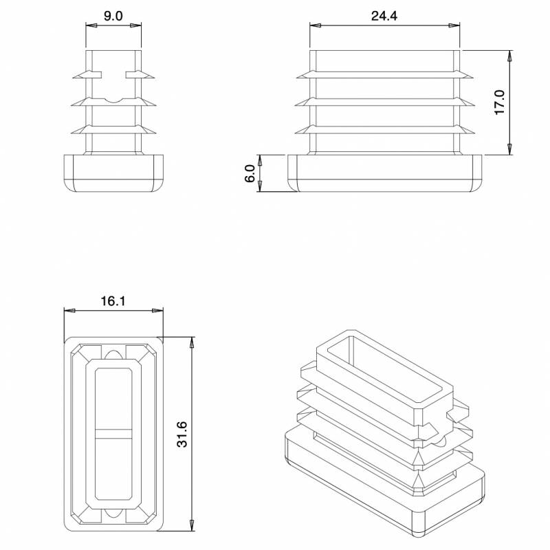 Rectangular Plastic Insert for 30x15 mm Tube Dimension and 1.0-2.5 mm Thickness WHITE - Rectangle Insert White - rectangul