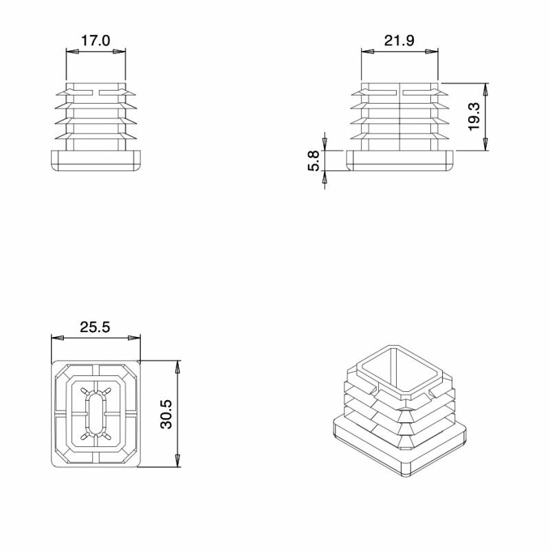 Rectangular Plastic Insert for 30x25 mm Tube Dimension and 1.0-2.5 mm Thickness WHITE - Rectangle Insert White - rectangul