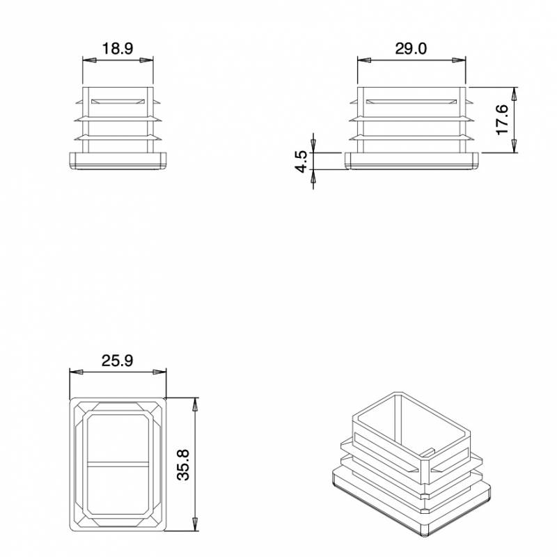Rectangular Plastic Insert for 35x25 mm Tube Dimension and 1.0-3.0 mm Thickness WHITE - Rectangle Insert White - rectangul