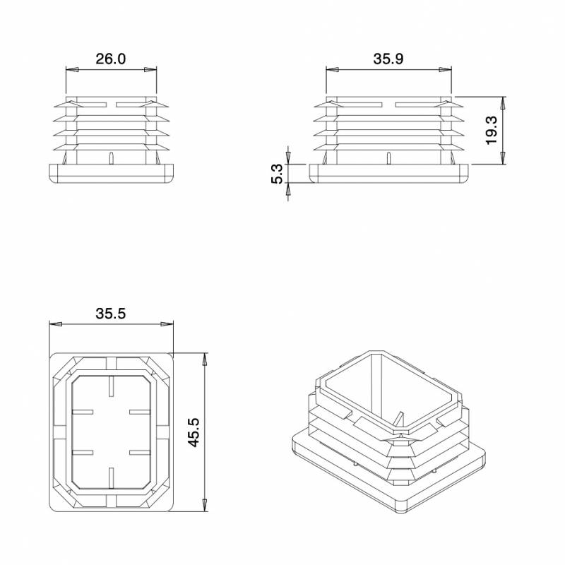 Rectangular Plastic Insert for 45x35 mm Tube Dimension and 1,0-3,5 mm Thickness WHITE - Rectangle Insert White - rectangul