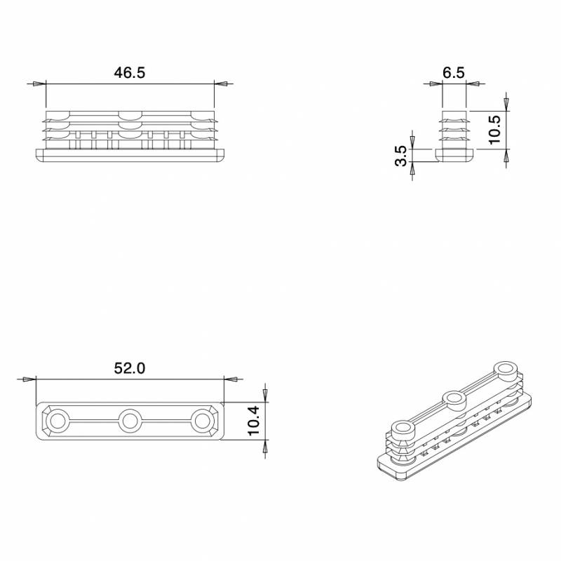 Rectangular Plastic Insert for 50x10 mm Tube Dimension and 1,0-2,0 mm Thickness WHITE - Rectangle Insert White - rectangul