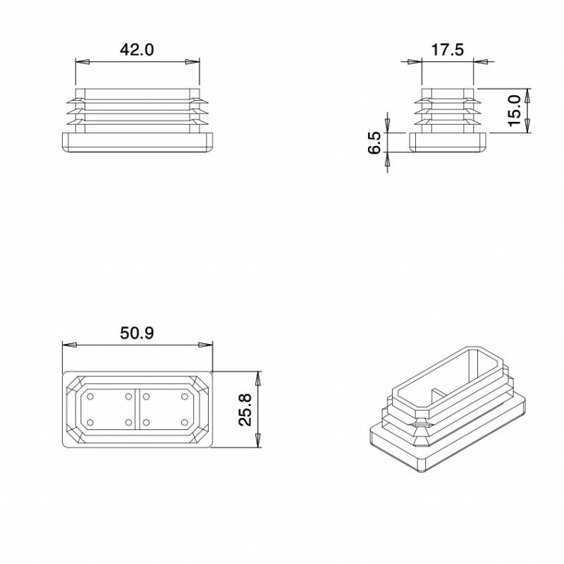 Inserto Rettangolare di Plastica a Lamelle BIANCO per tubi di dimensioni 50x25 mm con spessore 1,0-3,0 mm - Inserto Rettangol