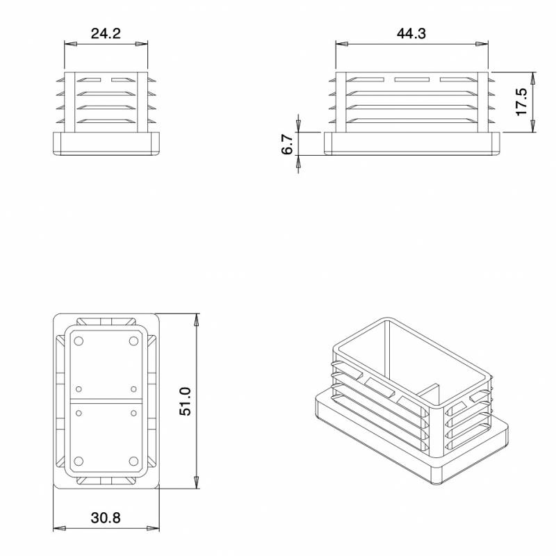 Rectangular Plastic Insert for 50x30 mm Tube Dimension and 1,0-2,75 mm Thickness WHITE - Rectangle Insert White - rectangu