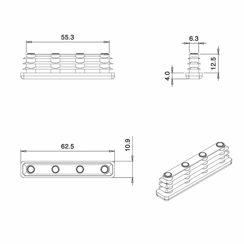 Rectangular Plastic Insert for 60x10 mm Tube Dimension and 1,0-2,0 mm Thickness WHITE - Rectangle Insert White - rectangul