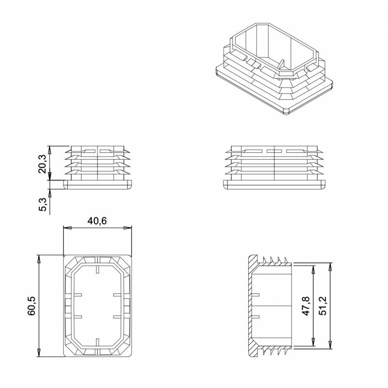 Embout Rectangulaire BLANC pour tube de dimension 60x40 mm et d'épaisseur 1,0-2,5 mm - embout rectangulaire blanc - embout