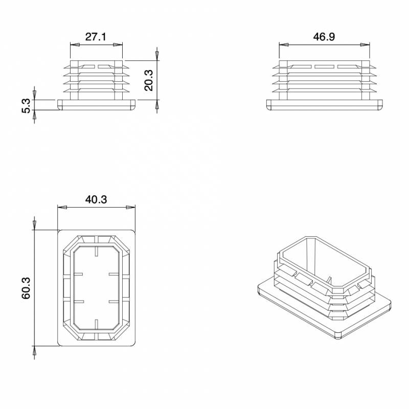 Rectangular Plastic Insert for 60x40 mm Tube Dimension and 3,0-5,0 mm Thickness WHITE - Rectangle Insert White - rectangul