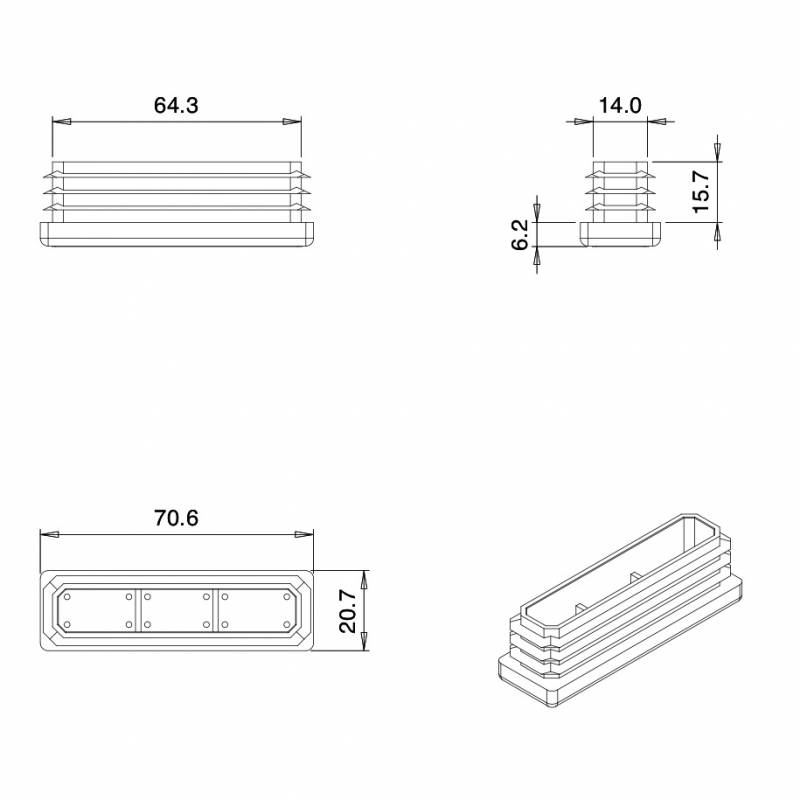 Rectangular Plastic Insert for 70x20 mm Tube Dimension and 1,0-2,5 mm Thickness WHITE - Rectangle Insert White - rectangul