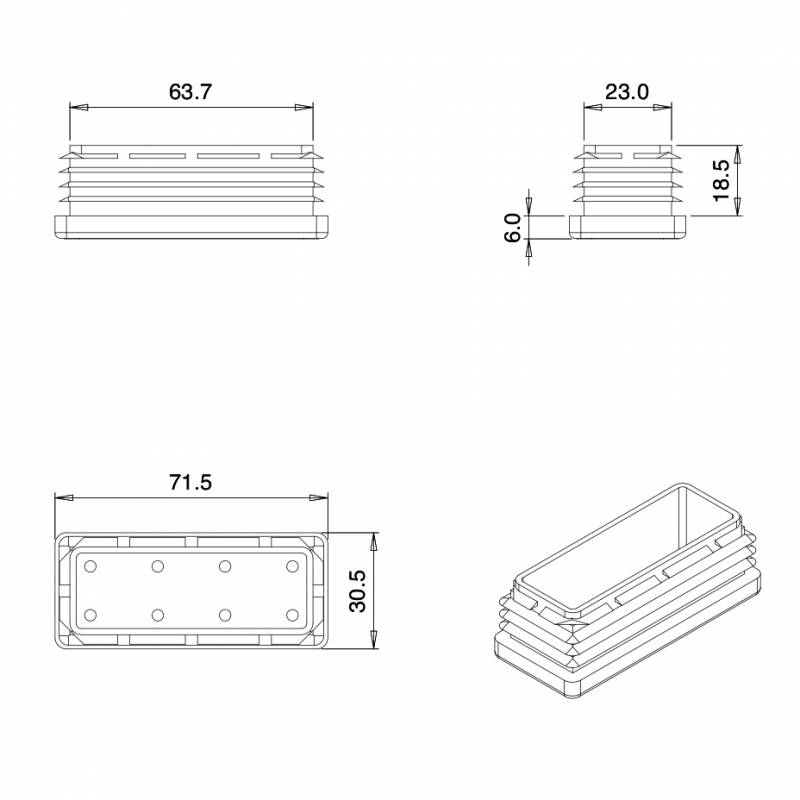 Rectangular Plastic Insert for 70x30 mm Tube Dimension and 1,0-2,5 mm Thickness WHITE - Rectangle Insert White - rectangul