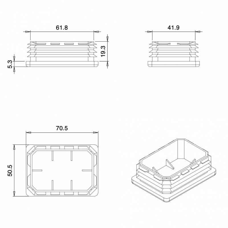 Kunststoff Lamellen-Stopfen für Rechteckrohre mit 70x50 mm Aussenmass und 1,0-3,0 mm Dicke - WEISS - Rechteckstopfen Weiss - r