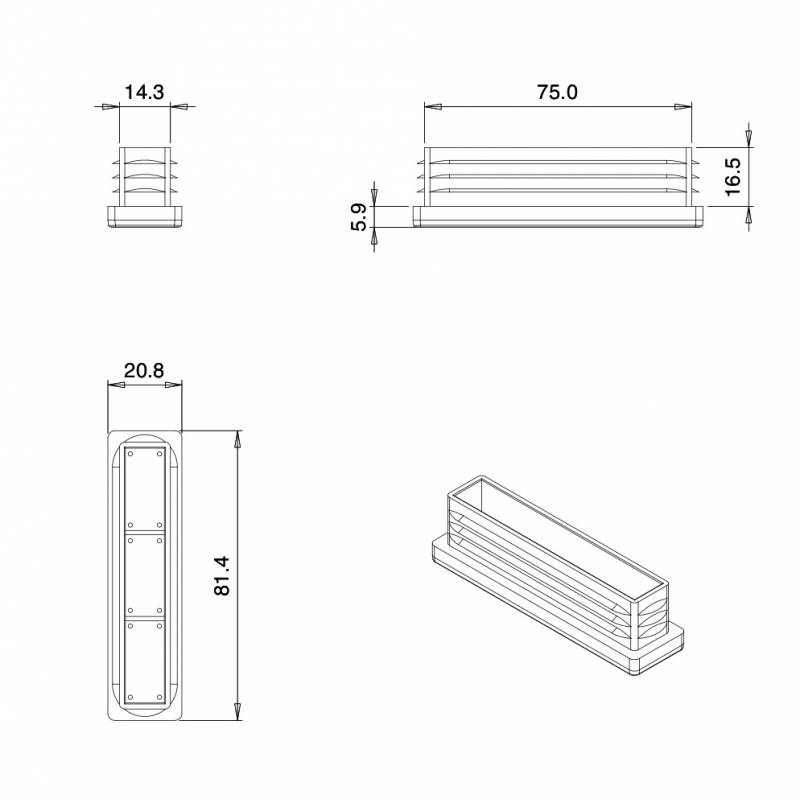 Rectangular Plastic Insert for 80x20 mm Tube Dimension and 1,0-4,0 mm Thickness WHITE - Rectangle Insert White - rectangul