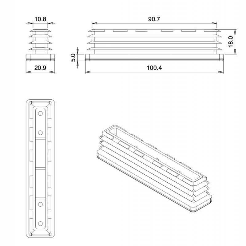 Rectangular Plastic Insert for 100x20 mm Tube Dimension and 1,0-3,0 mm Thickness WHITE - Rectangle Insert White - rectangu