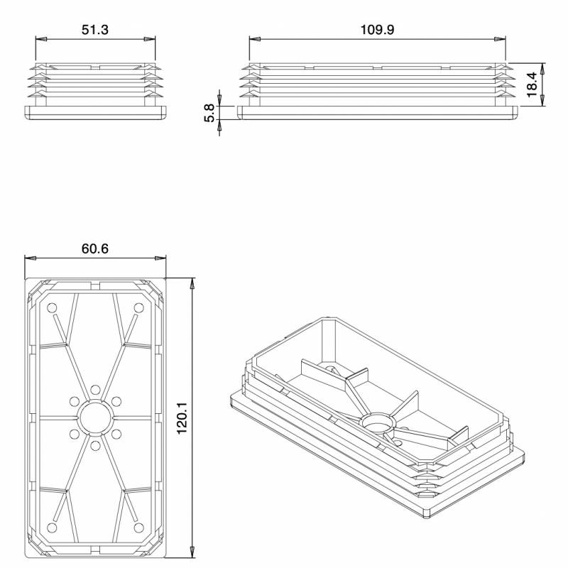 Rectangular Plastic Insert for 120x60 mm Tube Dimension and 1,0-4,0 mm Thickness WHITE - Rectangle Insert White - rectangu