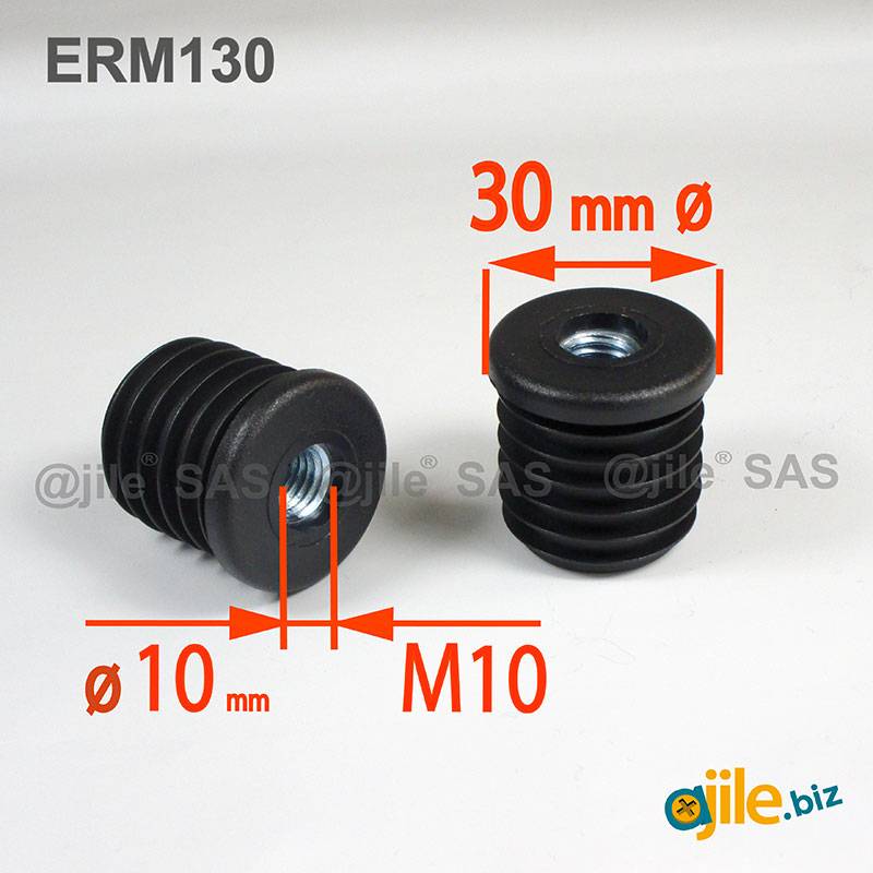 Embout Plastique NOIR Rond pour Tube Diamètre 30 mm avec Insert Métal Fileté diam. 10 mm (M10) - Ajile