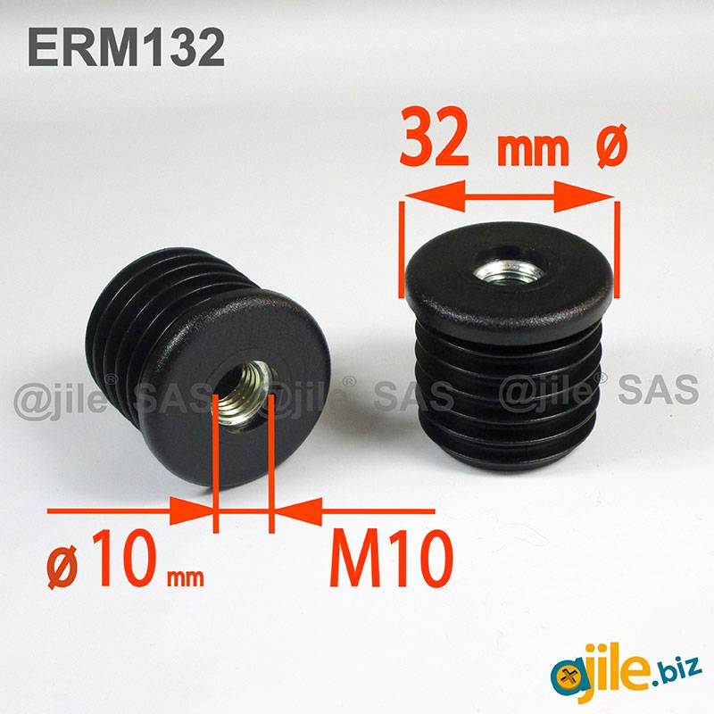32 mm Diameter Plastic Round Tube Insert with 10 mm (M10) diam. Metal-thread BLACK 10 mm (M10) - Ajile