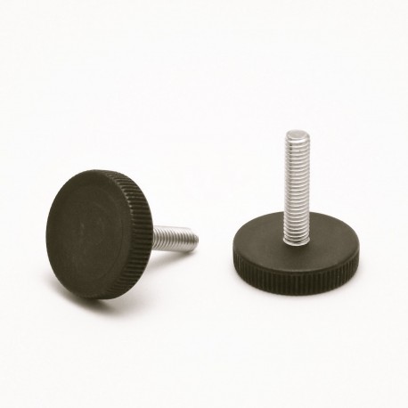 Piedino regolabile con vite M6 x 27 mm a base zigrinata (diam. 30 mm) - Acciaio zincato con piede di plastica.