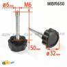 Plastic Star Head Knob 32 mm Diameter BLACK with M6 x 50 mm Zinc-plated Steel Threaded Bolt - fastener - ajile