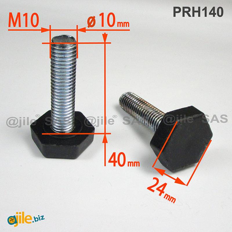 Adjustable Foot with 24 mm Plastic Hexagonal Base BLACK - M10 x 40 mm White Zinc Plated Steel Threaded Bolt - Ajile