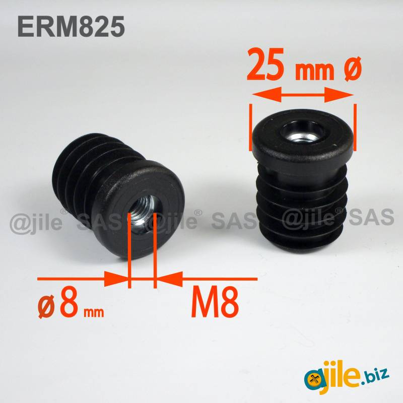 Embout Plastique NOIR Rond pour Tube Diamètre 25 mm avec Insert Métal Fileté diam. 8 mm (M8) - Ajile