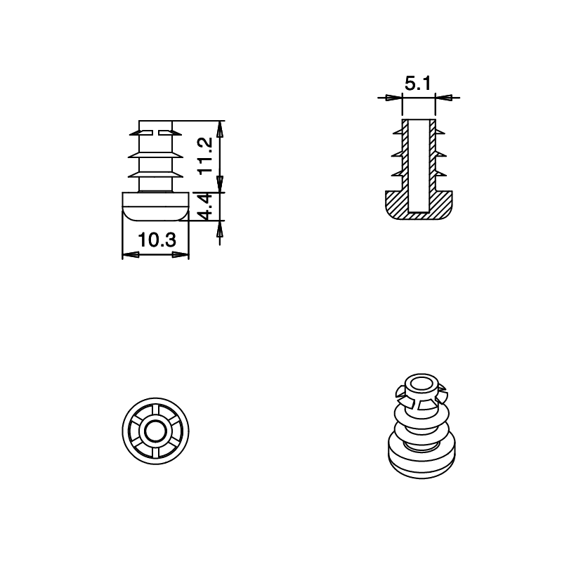 Embout Rond Plastique à Lamelles NOIR pour tube de diamètre EXTÉRIEUR 10 mm